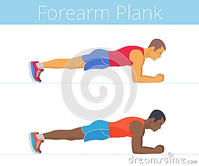 The sporty young men are doing the forearm plank exercise. Vector Illustration