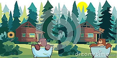 Spot the difference bear bathtub cabin woods vector graphics Cartoon Illustration