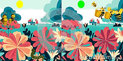 Spot the difference busy bees flowers vector graphics Cartoon Illustration