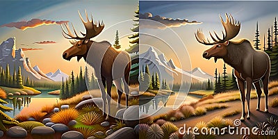 Spot the difference moose mountain stream illustration Cartoon Illustration