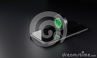 Spotify Logo Icon on Top of Smartphone 3D Dark Background Editorial Stock Photo