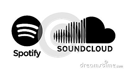 Spotify and Soundcloud icon printed on paper. Editorial Stock Photo