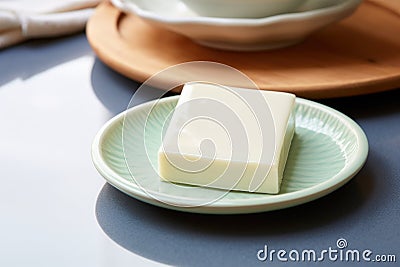 a spotless ceramic soap dish with a new bar of soap Stock Photo