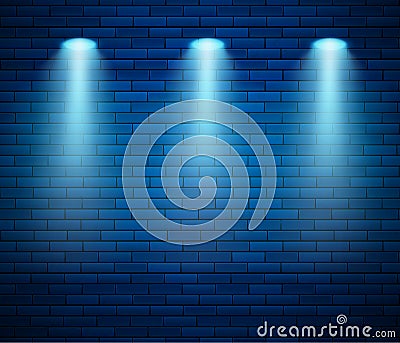 Spotlight against brick wall in blue color. Empty Studio decorated brick wall and spot of light. Vector illustration Vector Illustration