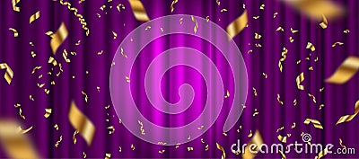 Spotlight on purple curtain background and falling golden confetti. Vector Illustration