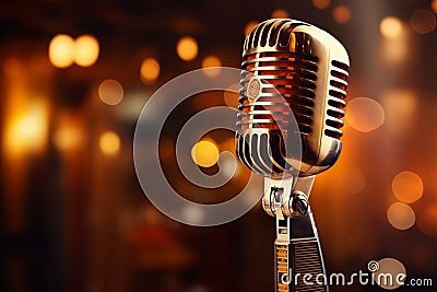 Spotlight on a retro microphone, stage with bokeh, music concept Stock Photo