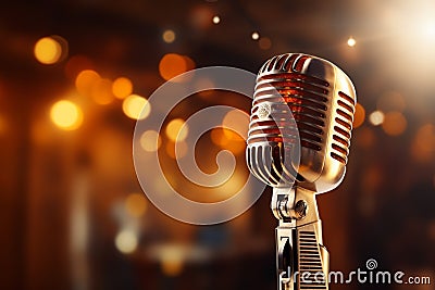 Spotlight on a retro microphone, stage with bokeh, music concept Stock Photo