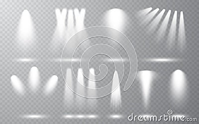 Spotlight set collection on transparent bakground. Light effect. Bright light beam. Vector illustration Vector Illustration