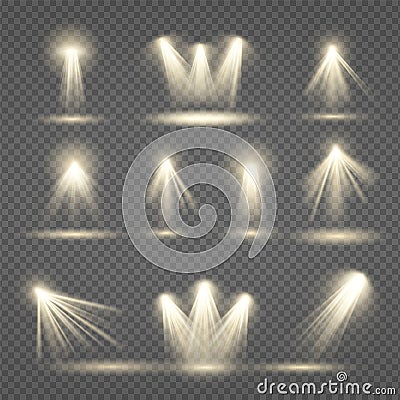 Spotlight set, light ray collection, realistic yellow shine. Spot beam and stage glowing effect, gold glow projector Vector Illustration