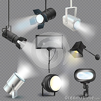 Spotlight vector light show studio with spot lamps on theater stage illustration set of projector lights photographing Vector Illustration