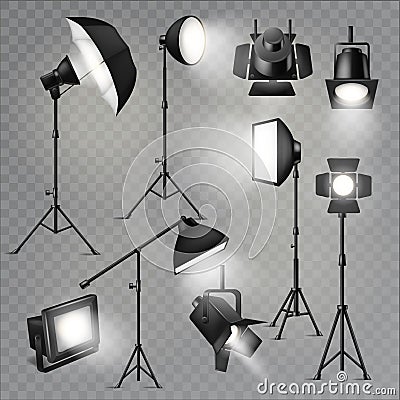 Spotlight vector light show studio with spot lamps on theater stage illustration set of projector lights photographing Vector Illustration