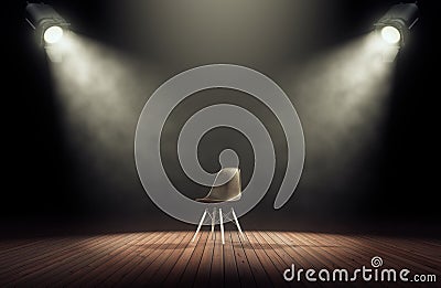 Spotlights illuminate empty stage with chair in dark background. Stock Photo