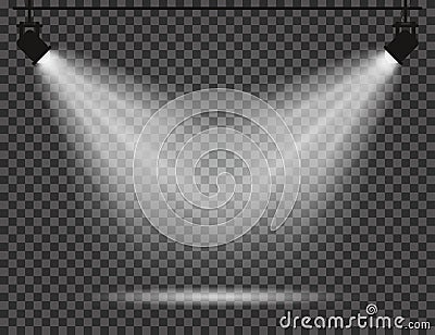 Spotlights with light beams on transparent background. Realistic spotlights for theatre, photo studio, concerts Vector Illustration