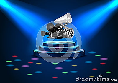 Spotlights on stage with blue light and color rainbow Vector Illustration