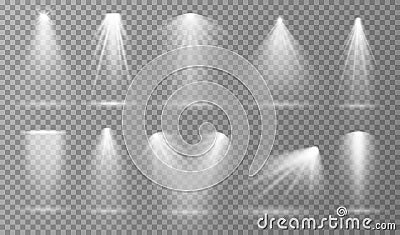 Spotlights. Theater lights beam, light spots and rays. Room studio or stage lamps, event projector shine effect. Glow Vector Illustration