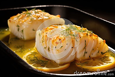 spotlit image of a glossy citrus soaked cod Stock Photo