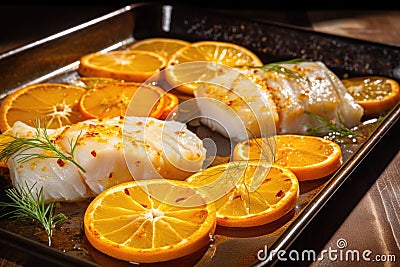 spotlit image of a glossy citrus soaked cod Stock Photo