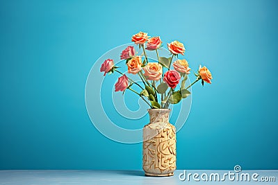 spotlit vase of roses against a blue backdrop Stock Photo