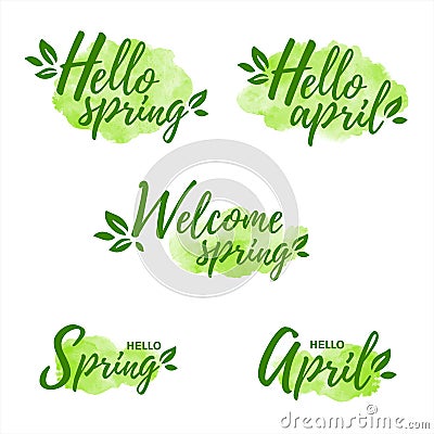 Hello april spring text, green watercolor shapes, spots Vector Illustration