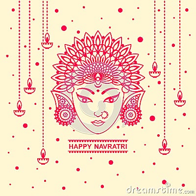 Happy Navratri greeting card, Durga face line illustration Vector Illustration