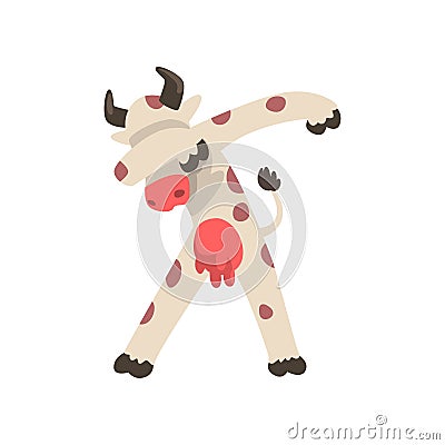 Spotted cow standing in dub dancing pose, cute cartoon animal doing dubbing vector Illustration on a white background Vector Illustration