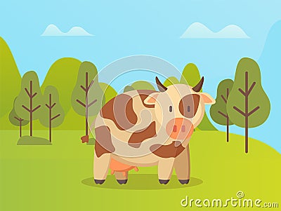 Spotted Cow Standing on Green Grass Vector Animal Vector Illustration
