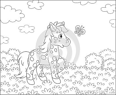 Little pony playing with a butterfly Vector Illustration