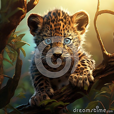 Spotted Leopard cub prowling on a branch, 7 weeks old Made With Generative AI illustration Cartoon Illustration