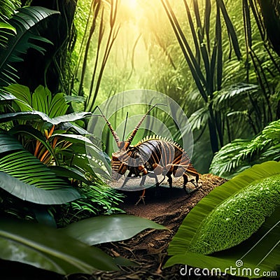 Spotted millipede in the rainforest. 3d rendering AI generated Stock Photo
