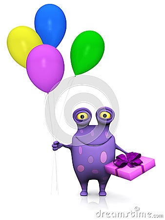 A spotted monster holding birthday gift and balloons. Stock Photo