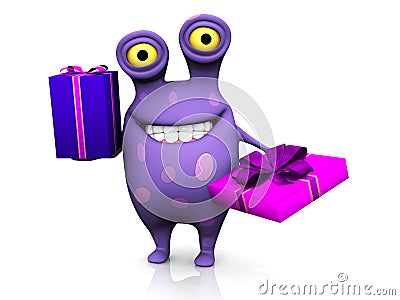 A spotted monster holding two birthday gifts. Stock Photo