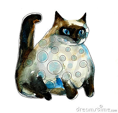 Spotted watercolor siam fat cat Cartoon Illustration