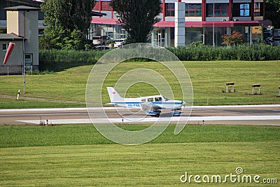 Piper Archer aircraft is taxiing at the airport Saint Gallen Altenrhein in Switzerland 10.7.2020 Editorial Stock Photo