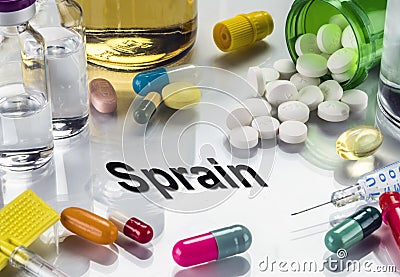 Sprain, Medicines And Syringes As Concept Of Ordinary Treatment Stock Photo