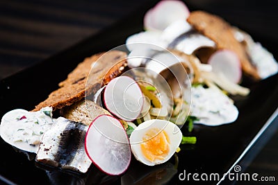 Sprat salad with eggs Stock Photo