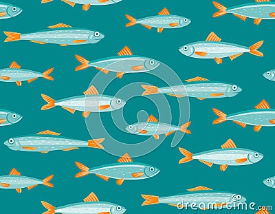 Sprats on turquoise background, seamless pattern Vector Illustration