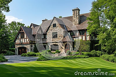 A sprawling house adorned with numerous windows, nestled amidst a spacious lawn with vibrant green grass, A Tudor-style home in a Stock Photo