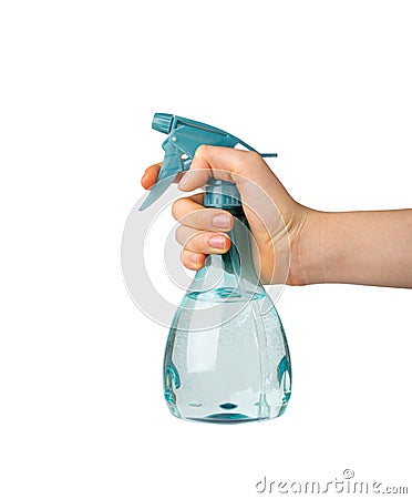 Spray Bottle in Hand Isolated, Blue Sprayer with Water, Mini Flower Spray Gun, Plastic Pulverizer on White Stock Photo