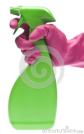 Spray Bottle with Pink Gloved Hand on the Trigger Stock Photo