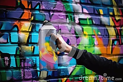 spray can in hand, graffiti sprayer artist creates abstract colorful graffiti designs on brick wall Stock Photo
