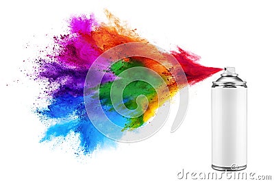 Spray can spraying colorful rainbow holi paint color powder explosion isolated white background. Industry diy paintjob graffiti Stock Photo