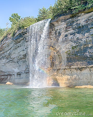 Spray Falls Rainbow, Pictured Rocks National Lakeshore, MI Stock Photo