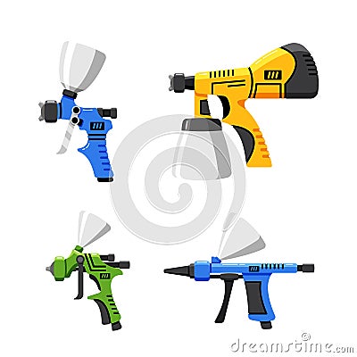 Spray Guns Or Airbrushes, Handheld Devices That Spray Paint, Liquid Or Other Substances Evenly Onto Surfaces Vector Illustration