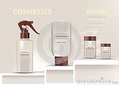 Spray and lotions cosmetics set vector realistic. Product package. Moisturizers and tube containers. Cream bottles label Vector Illustration