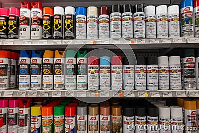 Spray paint cans at a hardware store Editorial Stock Photo