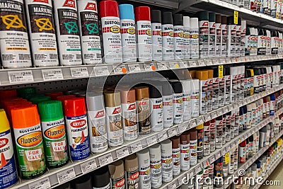 Spray paint cans at a hardware store Editorial Stock Photo