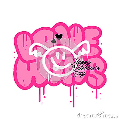 Spray painted graffiti flying emoji with wings icon in black over pink sprayed words Love wins. Trendy 90s street art Vector Illustration