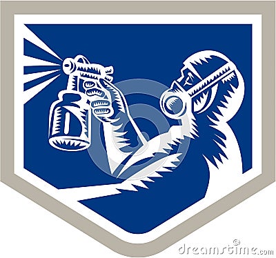 Spray Painter Spraying Woodcut Crest Retro Vector Illustration