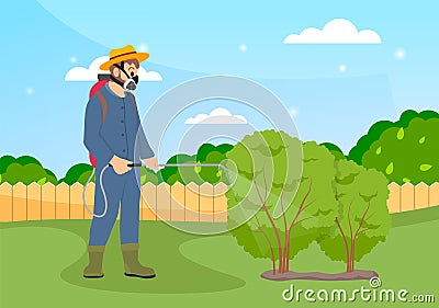 Spraying insecticide. Farmer exterminator holding sprayer fertilizer in hand spraying bushes Vector Illustration