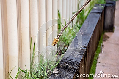 Spraying weed killer herbicide to control unwanted plants and grass on a backyard fence Stock Photo